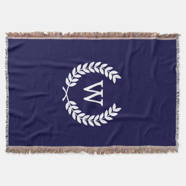 Navy Blue Wht Wheat Laurel Wreath Initial Monogram Throw Blanket (Front)