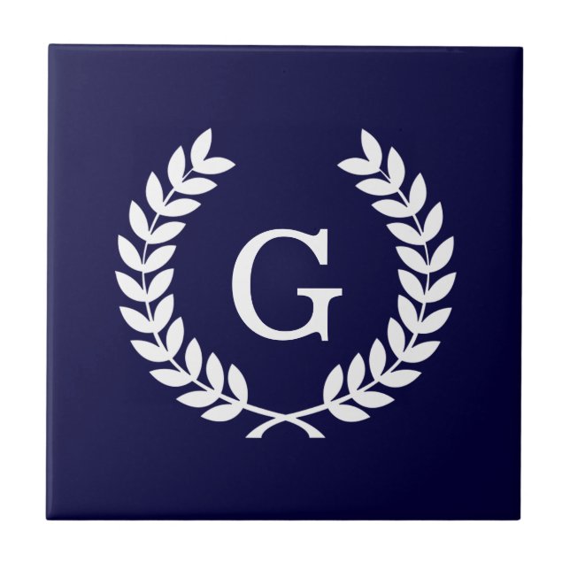 Navy Blue Wht Wheat Laurel Wreath Initial Monogram Tile (Front)