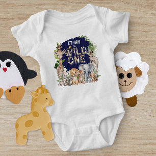 Navy Blue Wild One Animals Safari Themed 1st birth Baby Bodysuit