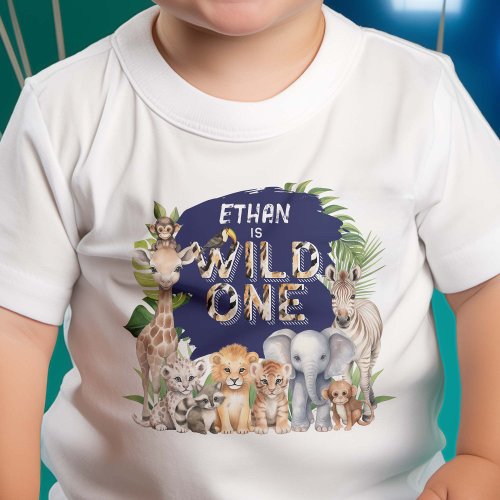 Navy Blue Wild One Animals Safari Themed 1st birth Baby T_Shirt
