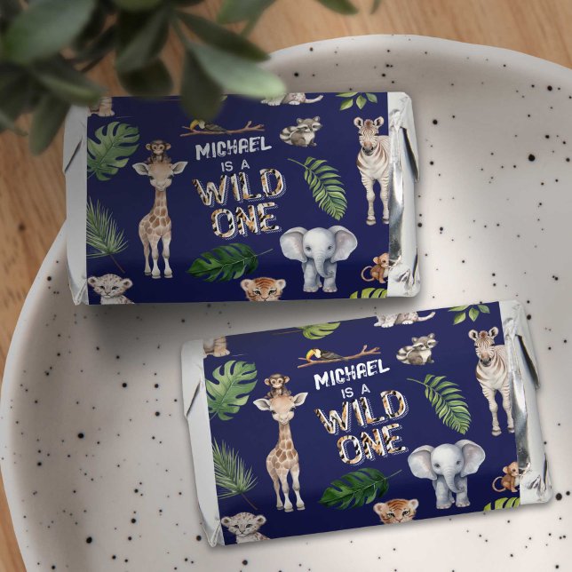 Navy Blue Wild One Baby Boy 1st birthday Hershey's Miniatures (Navy Blue, Jungle Safari Themed Personalized 1st birthday party candy favors.)
