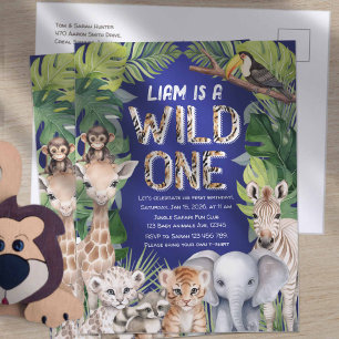 Navy blue Wild one, Jungle animals 1st birthday Invitation Postcard