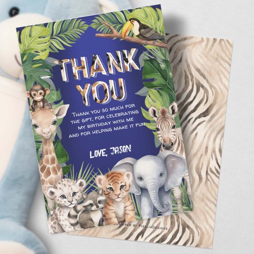 Navy Blue Wild One Jungle Animals 1st birthday Thank You Card