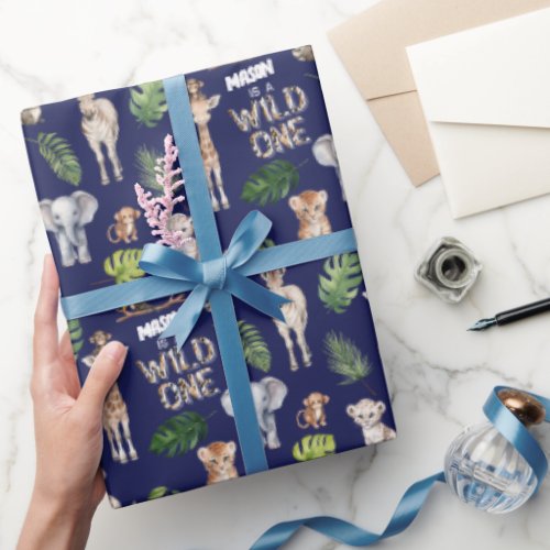 Navy Blue Wild one Jungle animals 1st birthday Wrapping Paper
