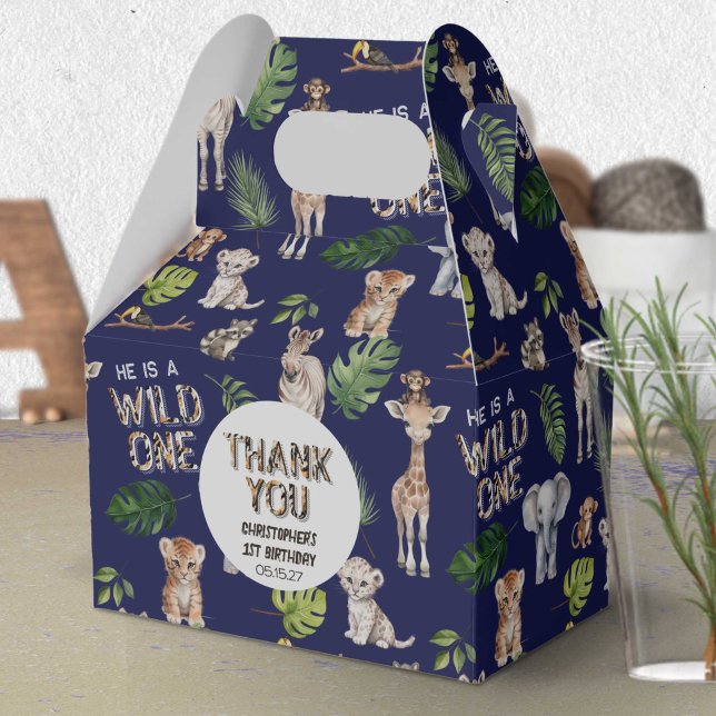 Navy Blue WIld One Themed Safari Animals Birthday Favor Boxes (Navy Blue, Wild One Safari Themed 1st birthday favor box.)