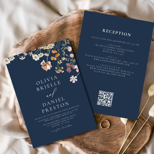 Navy Blue Wildflower All in One QR Code Wedding Invitation (Creator Uploaded)