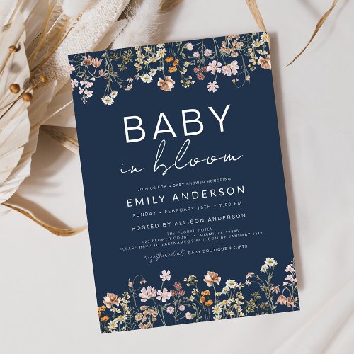 Wildflower Navy Floral or wildflower baby shower invitation