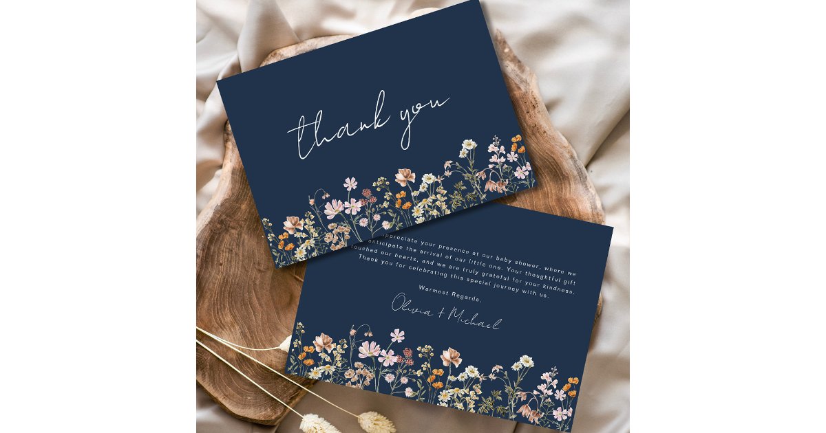 Navy Blue Wildflower Baby in Bloom Baby Shower Thank You Card | Zazzle