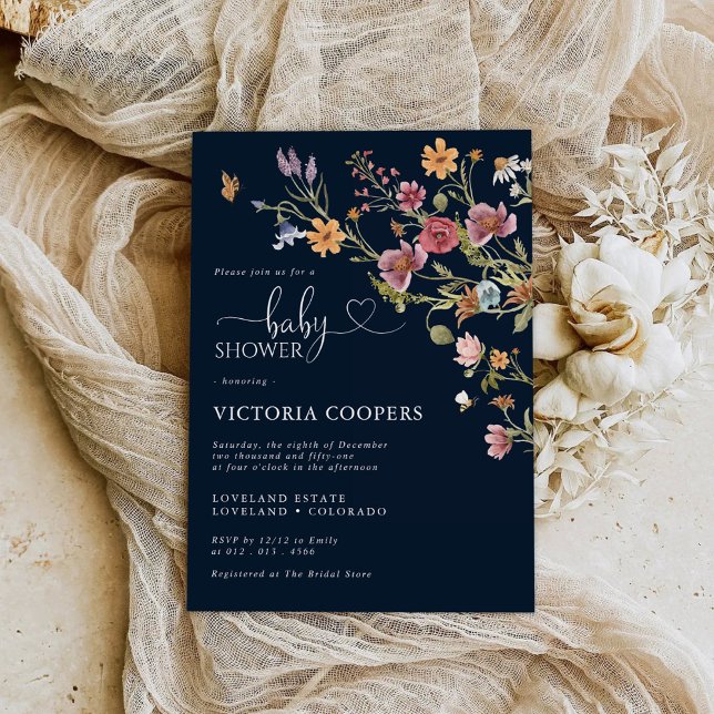 Navy Blue Wildflower Baby Shower Invitation (Creator Uploaded)