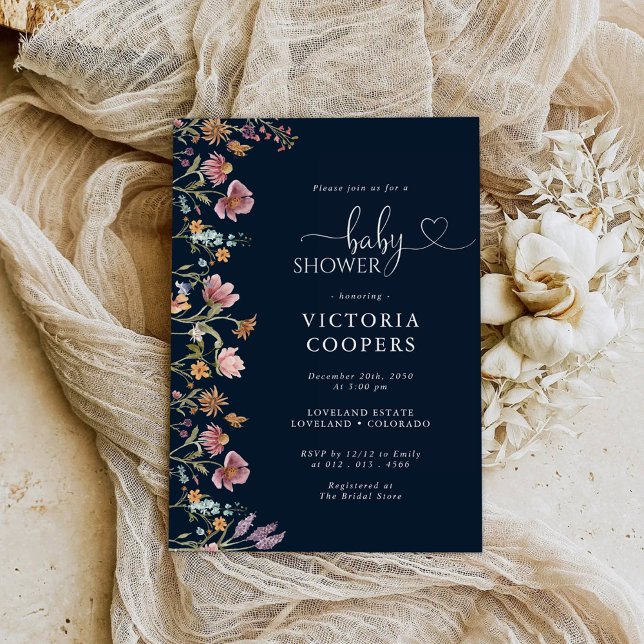 Navy Blue Wildflower Baby Shower Invitation (Creator Uploaded)