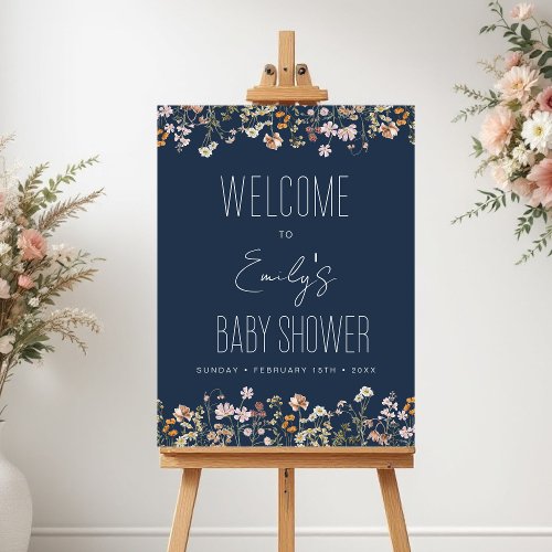 Navy Blue Wildflower Baby Shower Welcome Sign by Pretty Girly Designs