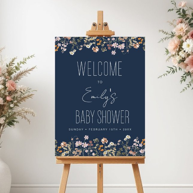 Navy Blue Wildflower Baby Shower Welcome Sign (Creator Uploaded)