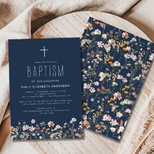 Navy Blue Wildflower Baptism Garden In Bloom Invitation