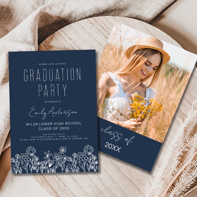 Navy Blue Wildflower Bloom Graduation Party Boho Invitation (Creator Uploaded)
