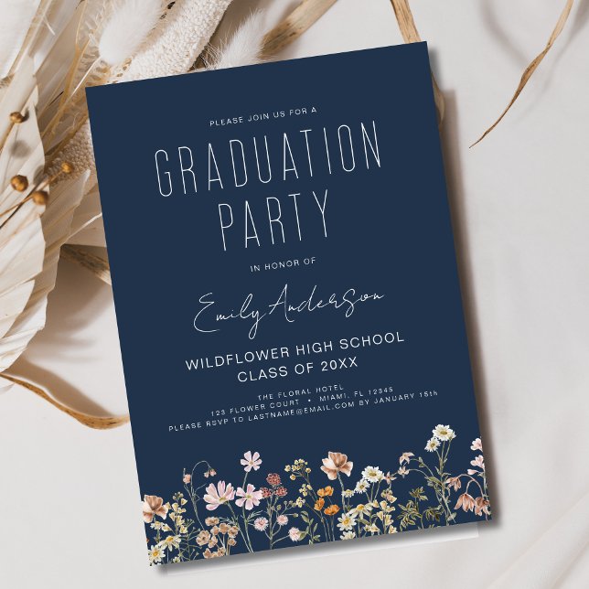Navy Blue Wildflower Bloom Graduation Party Boho Invitation (Creator Uploaded)