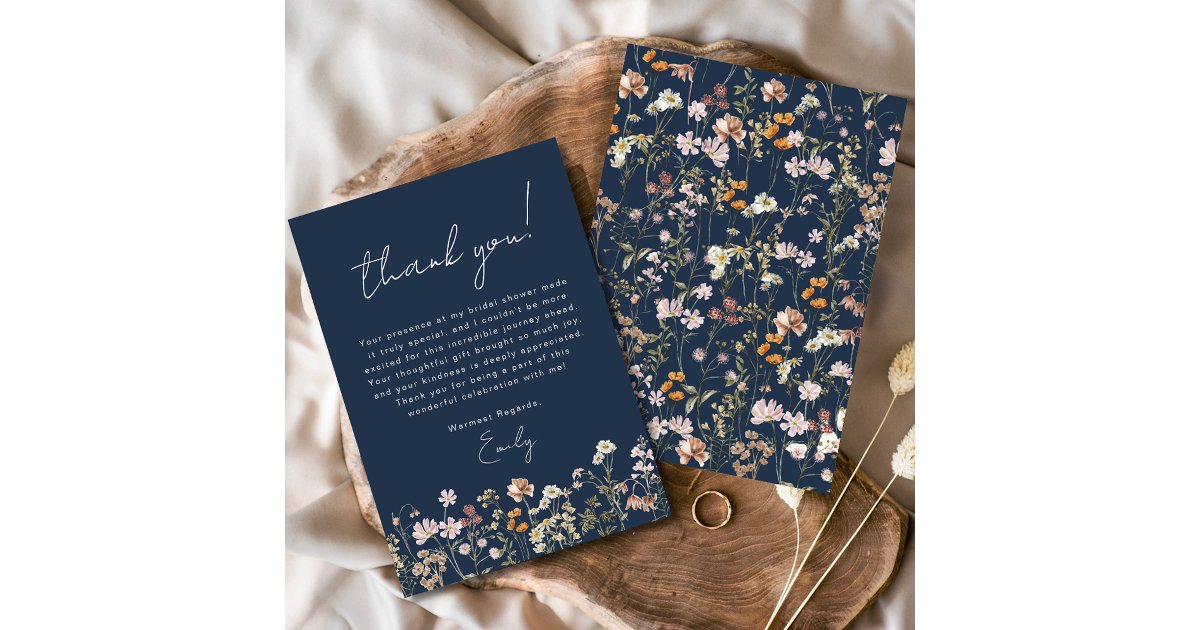 Navy Blue Wildflower Boho Bridal Shower Thank You Card | Zazzle