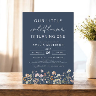 Navy Blue Wildflower Boho Chic First Birthday Invitation