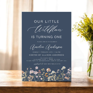 Navy Blue Wildflower Boho First 1st Birthday  Invitation