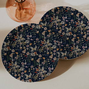 Navy Blue Wildflower Boho Wildflowers Paper Plates