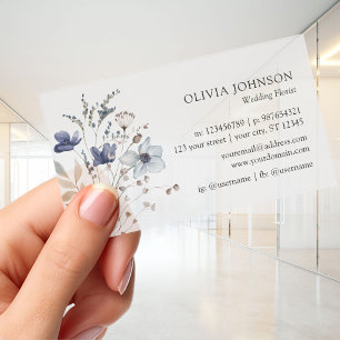 Navy Blue Wildflower Bouquet Floral Plastic Clear Business Cards