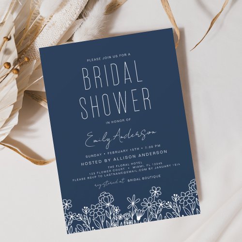 Navy Blue Wildflower Bridal Shower Elegant  Invitation