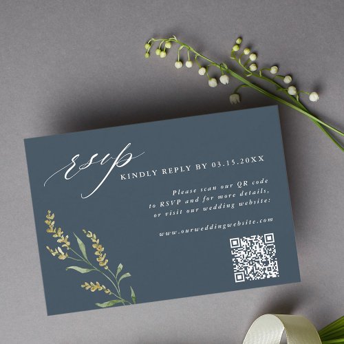 Navy Blue Wildflower Elegant Wedding QR Code RSVP Card
