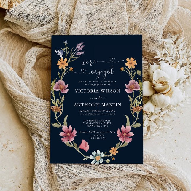 Navy Blue Wildflower Engagement Party Invitation (Creator Uploaded)