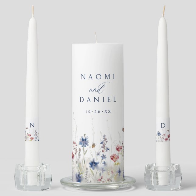 Navy Blue Wildflower Field Rustic Wedding Unity Candle Set (Front)
