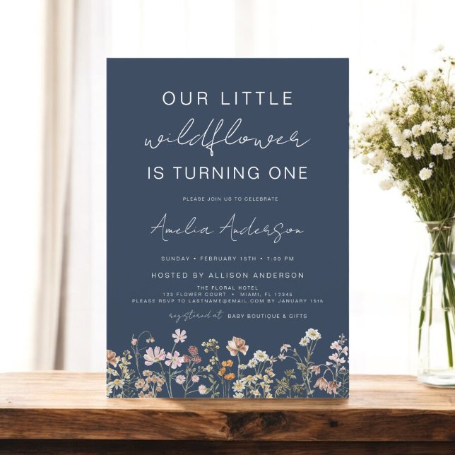 Navy Blue Wildflower First Birthday  Invitation (Creator Uploaded)