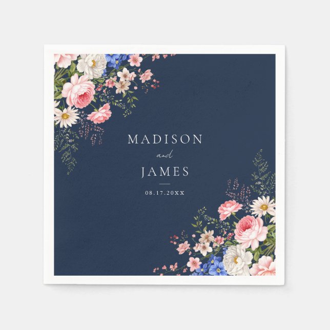 Navy Blue Wildflower Floral Wedding Napkins (Front)