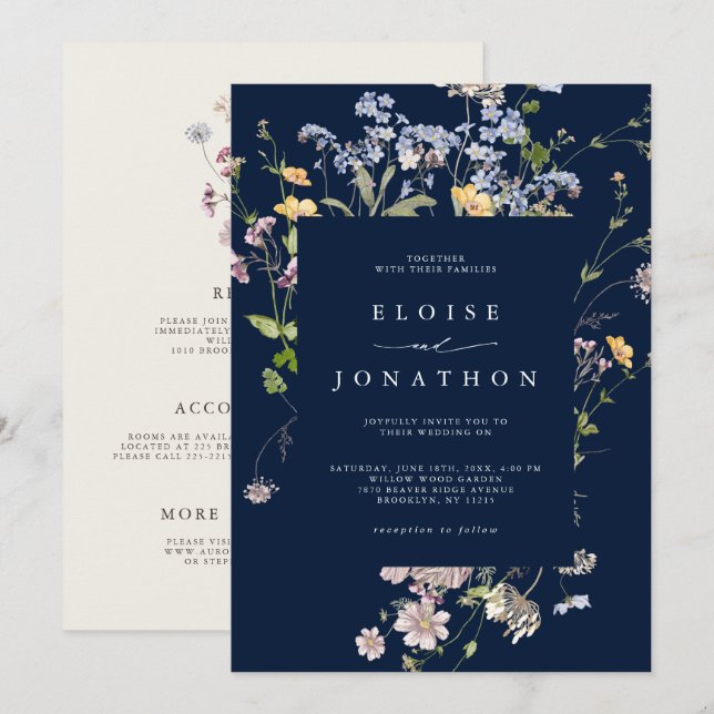 Navy Blue Wildflower  Garden Details Wedding   Invitation (Front/Back)