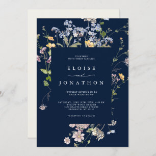 Navy Blue Wildflower Garden Details Wedding Invitation