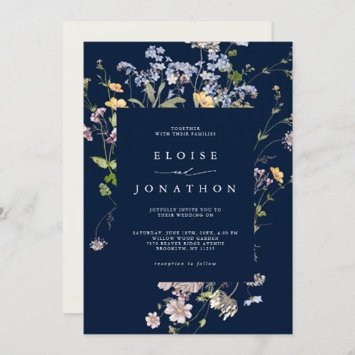 Navy Blue Wildflower  Garden Details Wedding   Invitation