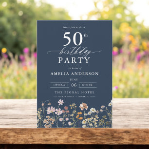 Navy Blue Wildflower Garden Floral 50th Birthday Invitation