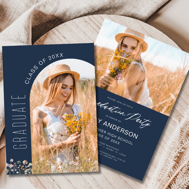 Navy Blue Wildflower Graduation Party Arch Photo Invitation (Creator Uploaded)