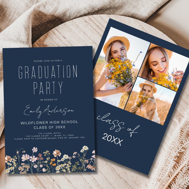 Navy Blue Wildflower Graduation Party Photo Boho Invitation (Creator Uploaded)