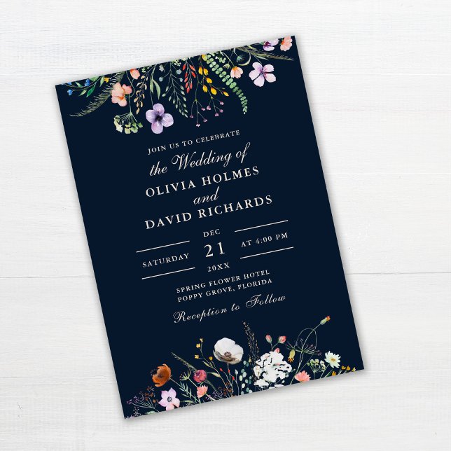 Navy Blue Wildflower Meadow Custom Photo Wedding Invitation (Navy Blue Wildflower Meadow Custom Photo Wedding Invitation on white wooden table.)