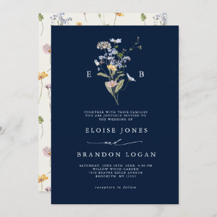 Navy Blue Wildflower Meadow Garden Wedding Invitation