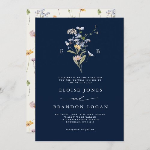 Navy Blue Wildflower Meadow Garden  Wedding   Invitation