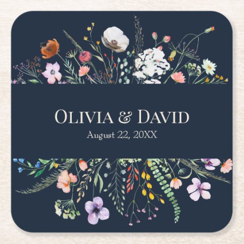 Navy Blue Wildflower Meadow Wedding Square Paper Coaster