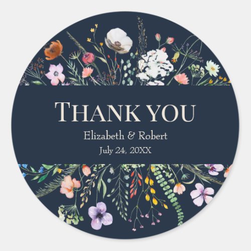 Navy Blue Wildflower Meadow Wedding Thank You Classic Round Sticker