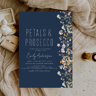 Navy Blue Wildflower Petals Prosecco Bridal Shower Invitation