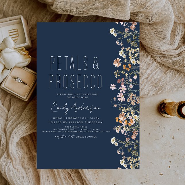 Navy Blue Wildflower Petals Prosecco Bridal Shower Invitation (Creator Uploaded)