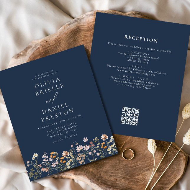 Navy Blue Wildflower  QR Code Garden Wedding Flyer (Creator Uploaded)
