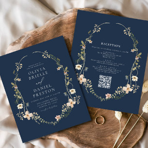Navy Blue Wildflower  QR Code Garden Wedding Flyer