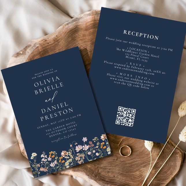 Navy Blue Wildflower QR Code Garden Wedding Invitation (Creator Uploaded)