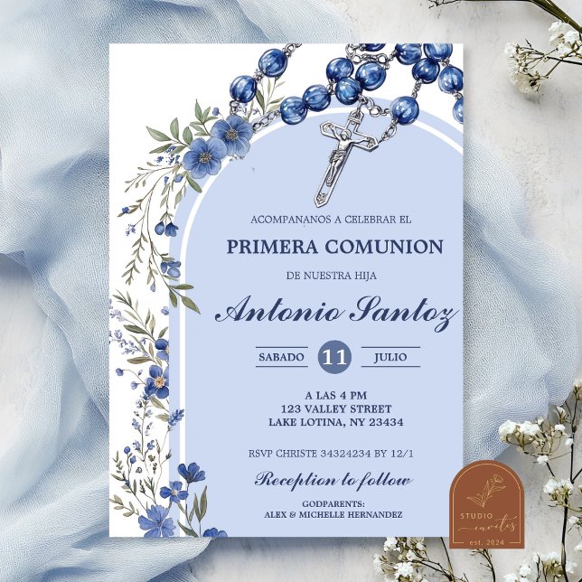 Navy Blue Wildflower Rosary First Holy Communion B Invitation (Creator Uploaded)