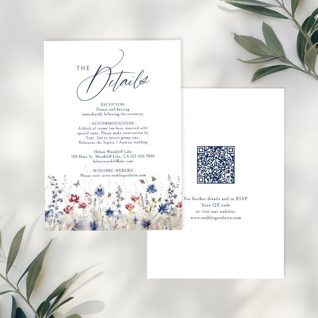 Navy Blue Wildflower Rustic QR code Details Note Card (Navy Blue Wildflower Rustic QR code Details Note Card)