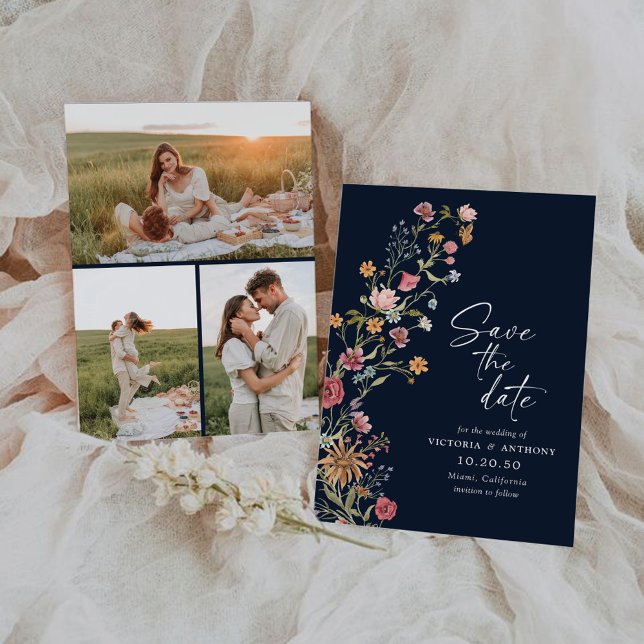 Navy Blue Wildflower Save The Date with Photo Card (Creator Uploaded)