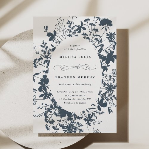 Navy Blue Wildflower Silhouette Wedding Invitation